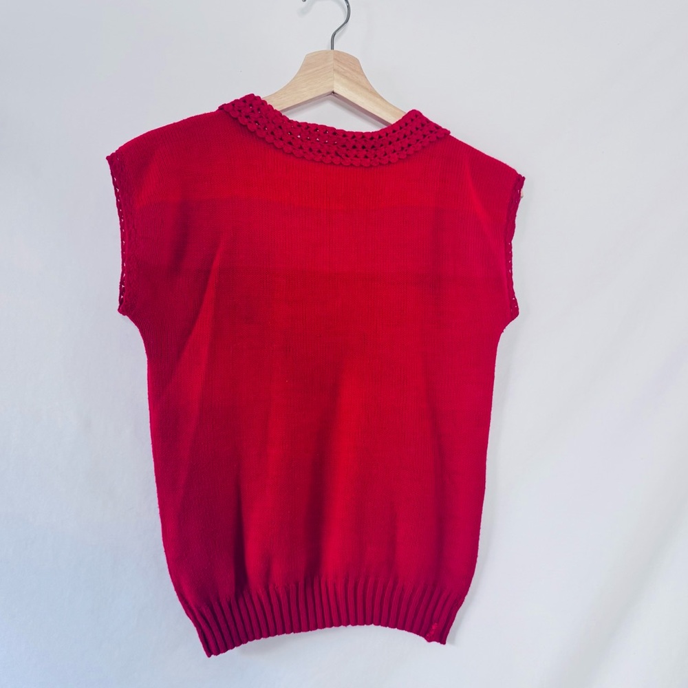 Vintage 50s Handmade Knit Sleeveless Sweater Embroidered Floral Wool Top - Picture 4 of 9